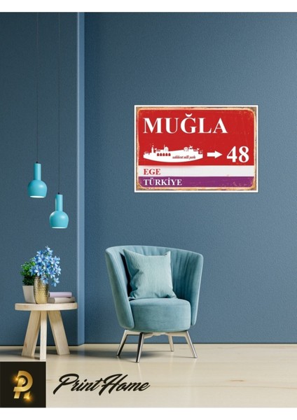 Ahşap Vintage Poster " 48 Muğla Retro Mdf Poster" 24X34 cm