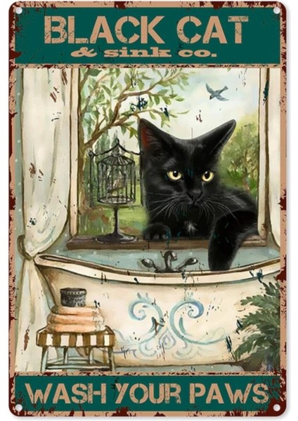 Ahşap Vintage Tablo " Black Cat Wash Your Paws" Ahşap Mdf 25X35 cm