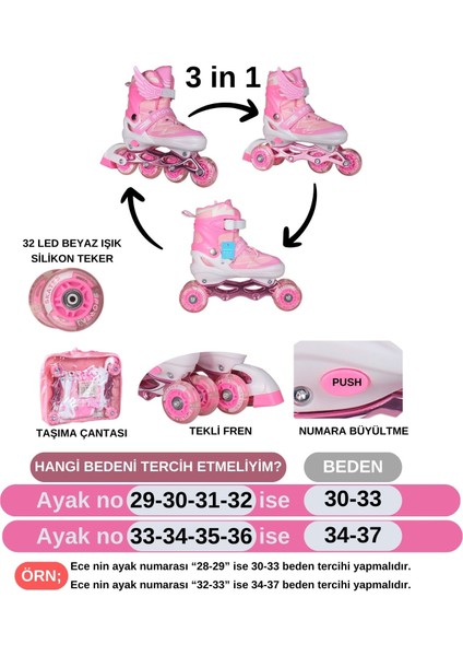 Işıklı Silikon Tekerli Paten Dizlik Dirseklik Setli Kız Erkek Çocuk Pateni Çantalı 2+2 4 Dört Tekerlekli Paten fiyatları