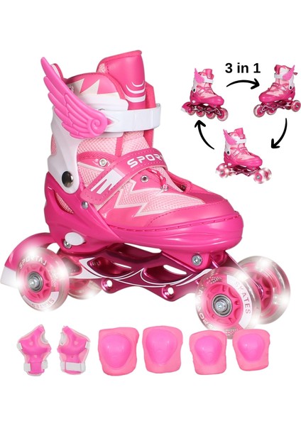 Işıklı Silikon Tekerli Paten Dizlik Dirseklik Setli Kız Erkek Çocuk Pateni Çantalı 2+2 4 Dört Tekerlekli Paten
