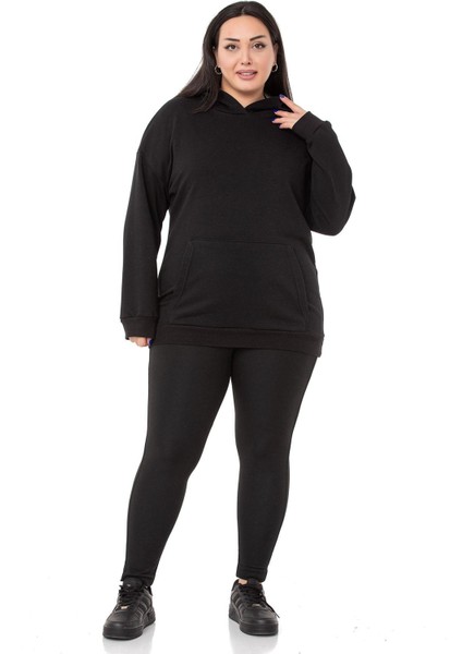 Büyük Beden Sırtında Yazı Detaylı Kapüşonlu Kanguru Cepli Üç Iplik Siyah Sweatshirt fiyatları