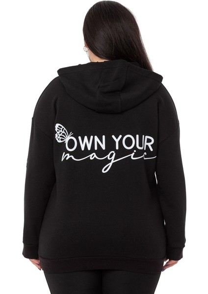 Büyük Beden Sırtında Yazı Detaylı Kapüşonlu Kanguru Cepli Üç Iplik Siyah Sweatshirt modelleri