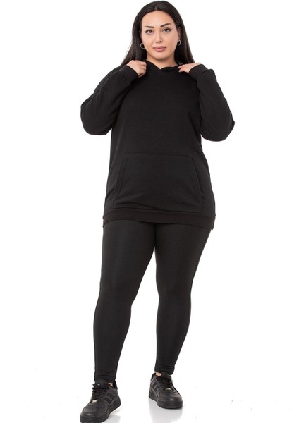 Büyük Beden Sırtında Yazı Detaylı Kapüşonlu Kanguru Cepli Üç Iplik Siyah Sweatshirt indirimleri