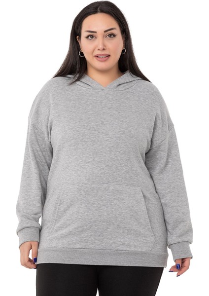 Büyük Beden Sırtında Yazı Detaylı Kapüşonlu Kanguru Cepli Üç Iplik Gri Melanj Sweatshirt