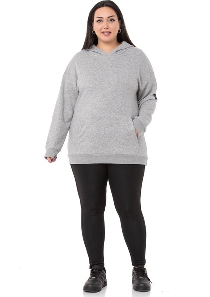 Büyük Beden Sırtında Yazı Detaylı Kapüşonlu Kanguru Cepli Üç Iplik Gri Melanj Sweatshirt fiyatları