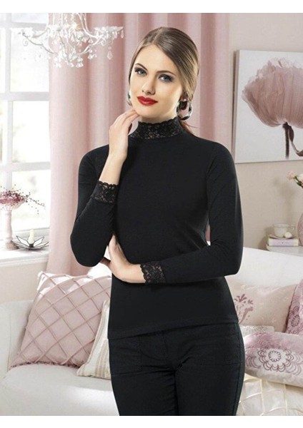 Dantelli Özel Işlemeli Uzun Kol Siyah Kadın Dantelli Tshirt fiyatları