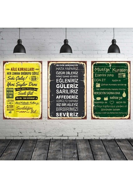 Aile ve Mutfak Kuralları Temalı 3 Adet 25X35 cm Retro Mdf Tablo