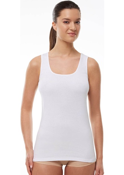 Kalın Askılı Pamuklu Likralı Kadın Uzun Atlet Beyaz 3 Adet