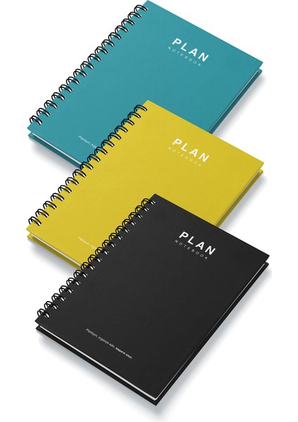 Deep Notebook 3'lü Set Süresiz Planlayıcı Ajanda A5 Spiralli Siyah Sarı Turkuaz Renk Tasarım