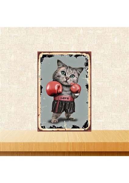 Ahşap Vintage Tablo " Boksör Kedi" Ahşap Mdf 25X35CM