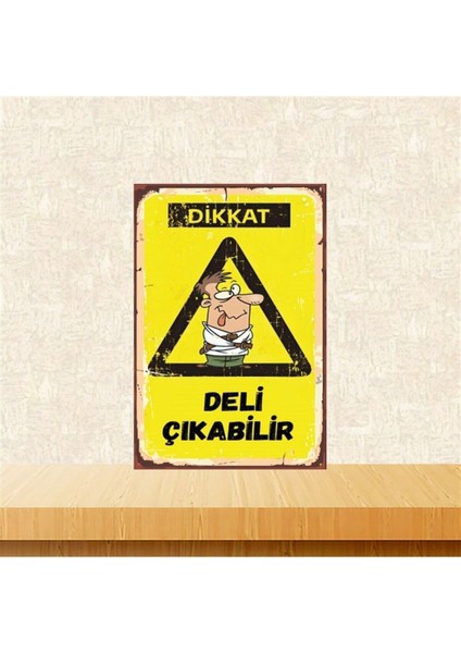 Ahşap Vintage Tablo " Dikkat Deli Çıkabilir" Ahşap Mdf 25X35CM