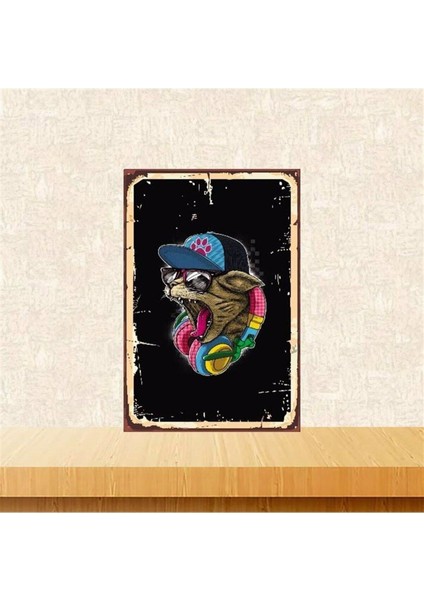 Ahşap Vintage Tablo " Kulaklık Takan Kedi" Ahşap Mdf 25X35CM