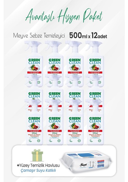 Meyve Sebze Temizleyici 500 ml x 12 Adet ve Çamaşır Sulu Temizlik Havlusu