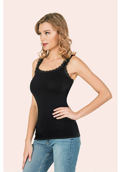 Dantelli Geniş Askılı Likralı Kadın Atlet Siyah