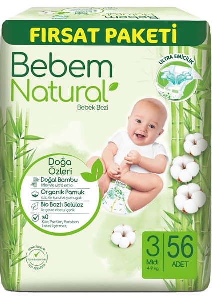 Bebem Natural Bebek Bezi Fırsat Paketi 3 Beden 4-9 kg 56 Adet