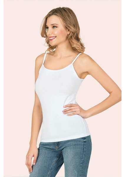 Ince Ip Askılı Biyeli Kare Yaka Kadın Pamuklu Atlet Beyaz M