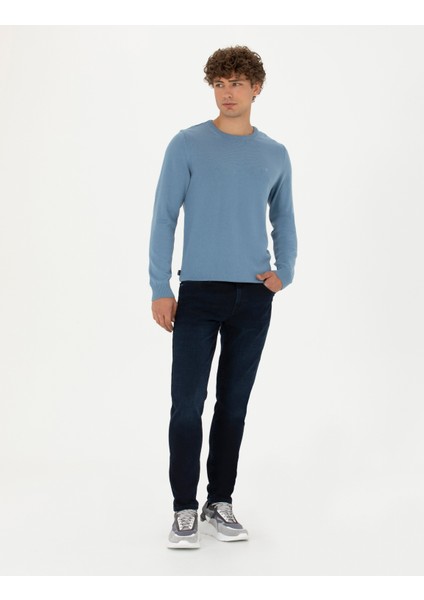 Erkek Koyu Mavi Slim Fit Bisiklet Yaka Basic Triko Kazak 50270179-VR032