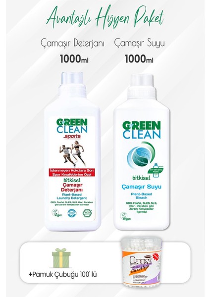 Green Clean Sports Çamaşır Deterjanı, Çamaşır Suyu 1000 ml ve Pamuk Çubuğu