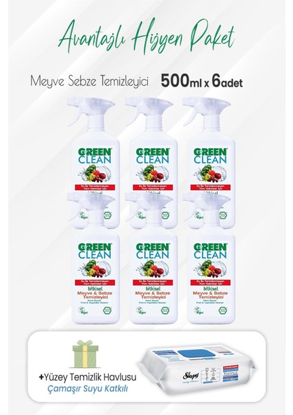 Meyve Sebze Temizleyici 500 ml x 6 Adet ve Çamaşır Sulu Temizlik Havlusu