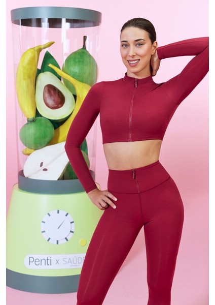 Bordo Uzun Kollu Dik Yaka Fermuarlı Rodos Crop Üst - Saude Collection