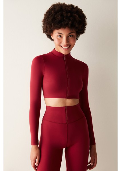 Bordo Uzun Kollu Dik Yaka Fermuarlı Rodos Crop Üst - Saude Collection fırsatları