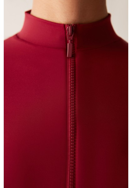 Bordo Uzun Kollu Dik Yaka Fermuarlı Rodos Crop Üst - Saude Collection indirimleri