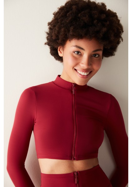 Bordo Uzun Kollu Dik Yaka Fermuarlı Rodos Crop Üst - Saude Collection