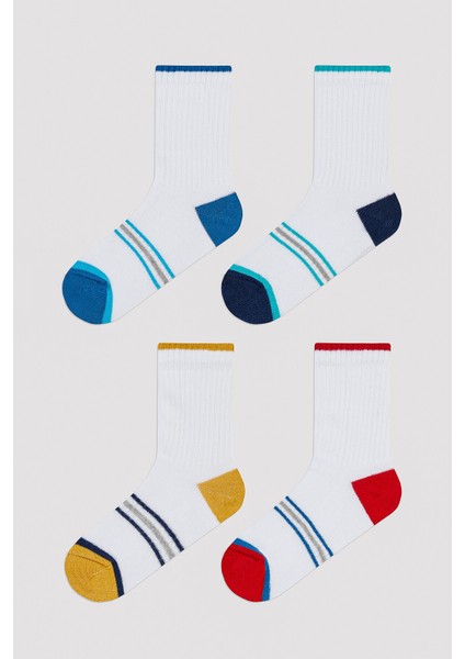 Erkek Çocuk Renkli Çizgili Beyaz 4lü Tenis Soket Çorap