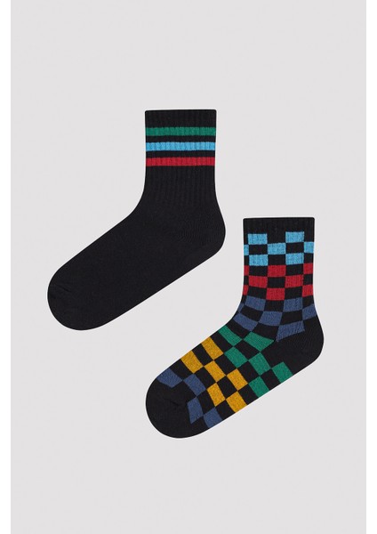 Erkek Çocuk Renkli Dama Şeritli 2 li Tenis Soket Çorap