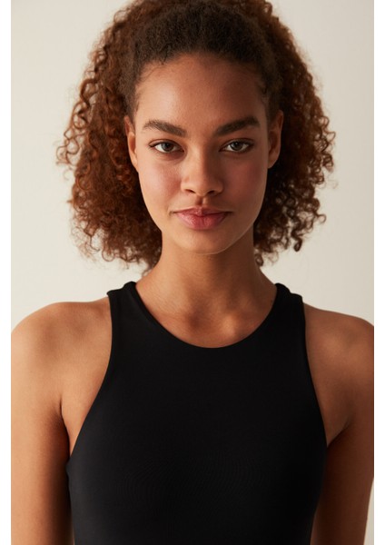 Siyah Halter Yaka Kolsuz Bodysuit
