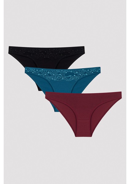 Dantel Detaylı Koyu Ton 3lü Slip Külot