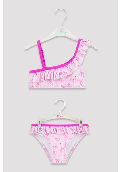Çok Renkli Kız Çocuk Parlak Kelebek Desenli Tek Omuz Bikini Takımı