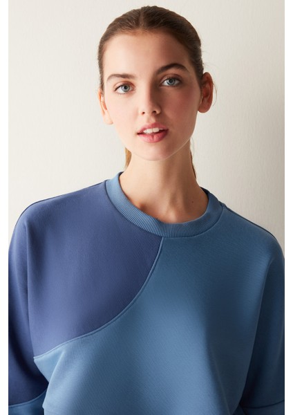 Lacivert Uzun Kollu Bisiklet Yaka Milos Crop Sweatshirt - Saude Collection fiyatları