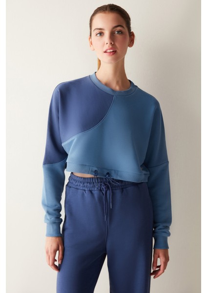 Lacivert Uzun Kollu Bisiklet Yaka Milos Crop Sweatshirt - Saude Collection indirimleri