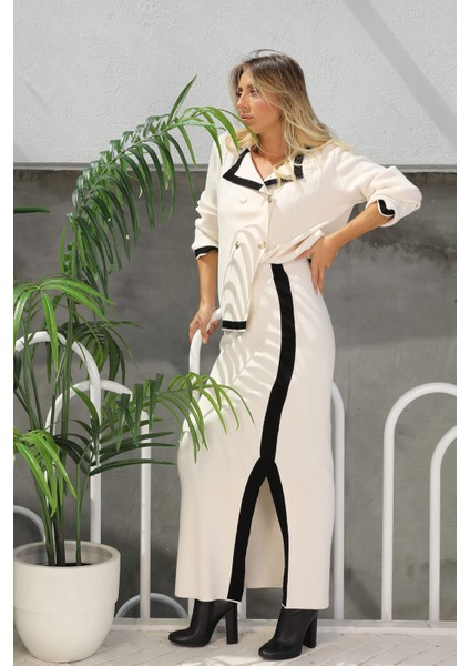 Kadın Ekru Düğme Detaylı Etekli Triko Takım PRML07 fiyatları