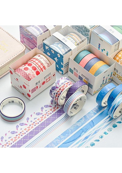 Şanslı Gün Stili Renkli Çizgi Doku Washi Bant Seti Yapışkan Maskeleme Kağıt Bant Dıy Ofis Kırtasiye Malzemeleri Dekorasyon Scrapbooking 5 Adet (Yurt Dışından)