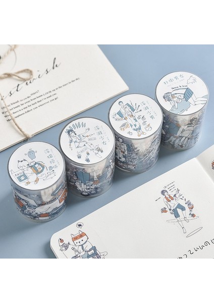 O Tarzı Sevimli Kız ve Erkek Günlük Pvc Şeffaf Maskeleme Washi Bant Dekoratif Yapışkan Bant Dekorasyon Diy Scrapbooking Sticker Etiket (Yurt Dışından)