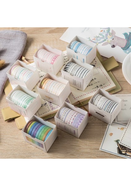 D Stili 10 Rollsbox Washi Bant Renkli Ince Maskeleme Bandı Planlayıcısı Scrapbooking Albümü Dekor Okul Ofis Kırtasiye (Yurt Dışından) fırsatları