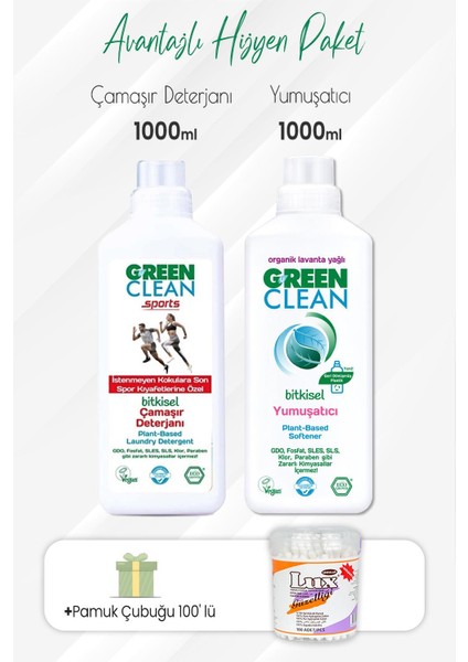 Green Clean Sports Çamaşır Deterjanı, Yumuşatıcı 1000 ml ve Pamuk Çubuğu