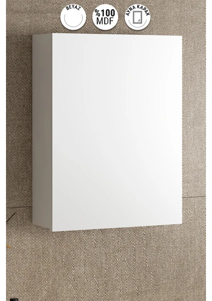 Yıldız 45 cm Beyaz Mdf Aynalı Asma Banyo Üst Dolabı