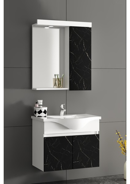 Yıldız 65 cm Beyaz-Royal Mermer Mdf Seramik Lavabolu Asma Banyo Dolabı Takımı