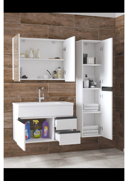 Alfa Banyo Esen Beyaz-Siyah (80+35) 115 cm Boy Dolaplı-Ayna Dolaplı-Lavabolu Banyo Takımı**demonte Değil