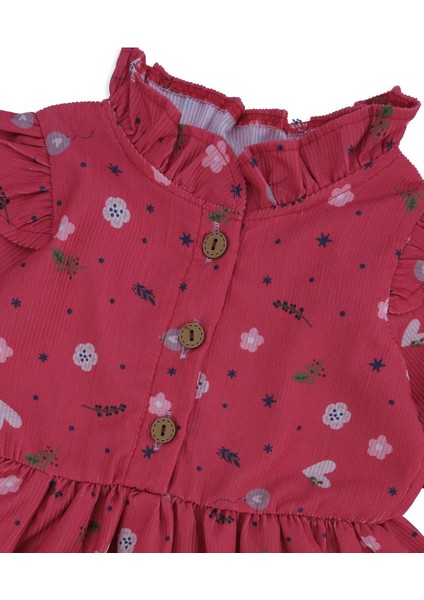 Kız Çocuk Bebek Çiçekli Şönil Elbise Fırfırlı Omuz Detay