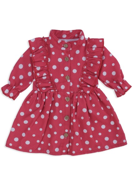 Kız Çocuk Bebek Puanlı Şönil Elbise Fırfırlı Omuz Detay