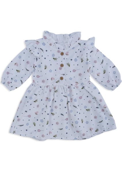 Kız Çocuk Bebek Çiçekli Şönil Elbise Fırfırlı Omuz Detay