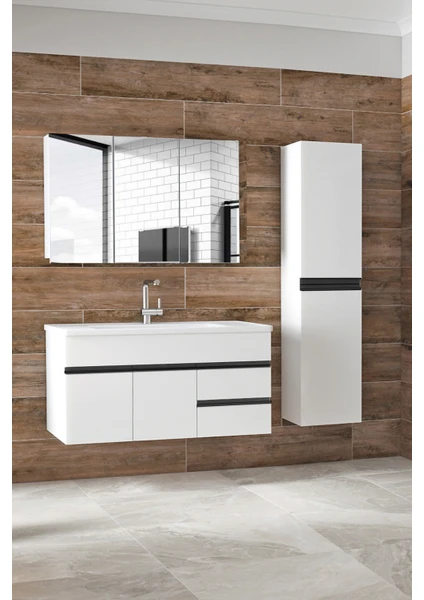 Alfa Banyo Esen Beyaz-Siyah (100+35) 135 cm Boy Dolaplı Lavabolu Banyo Dolabı Takımı-Mdf-Demonte Değil