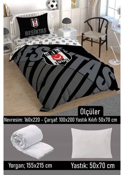 Beşiktaş Siyah Logo Lisanlı 5 Parça Tek Kişilik Uyku Seti