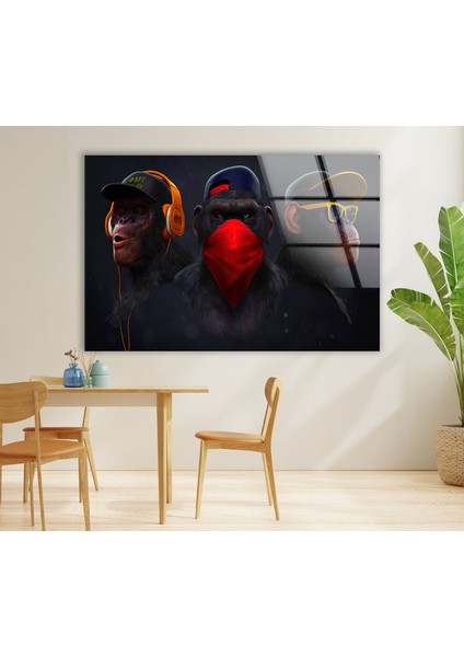 3 Maymun Temperli Cam Duvar Tablosu