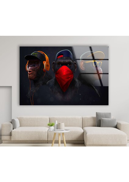 3 Maymun Temperli Cam Duvar Tablosu modelleri