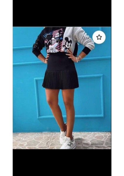 Siyah Pliseli Etek Mini